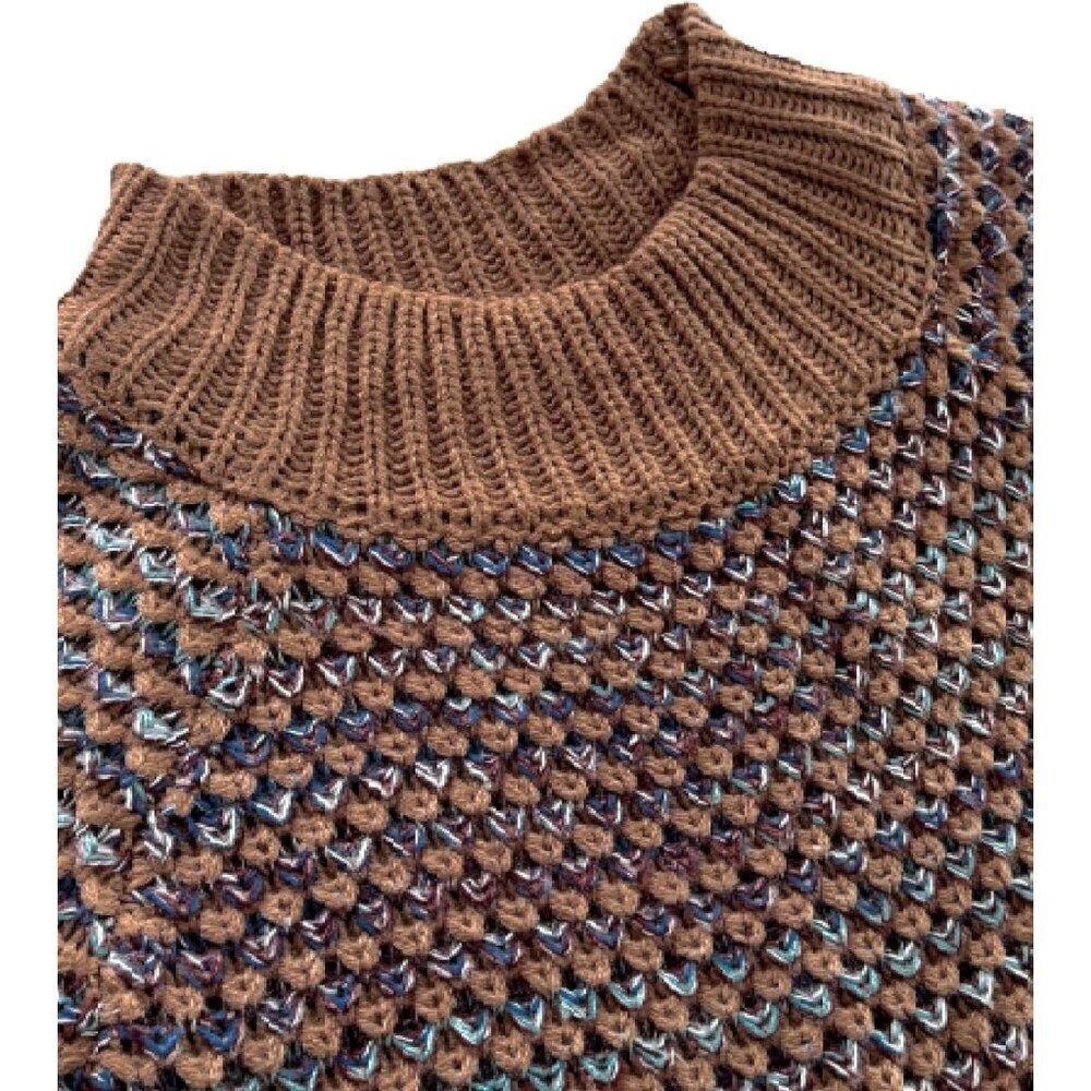 Women's Chunky Knit Sweater Mock Neck Long Sleeve Brown Cozy Casual Top - Picture 3 of 6